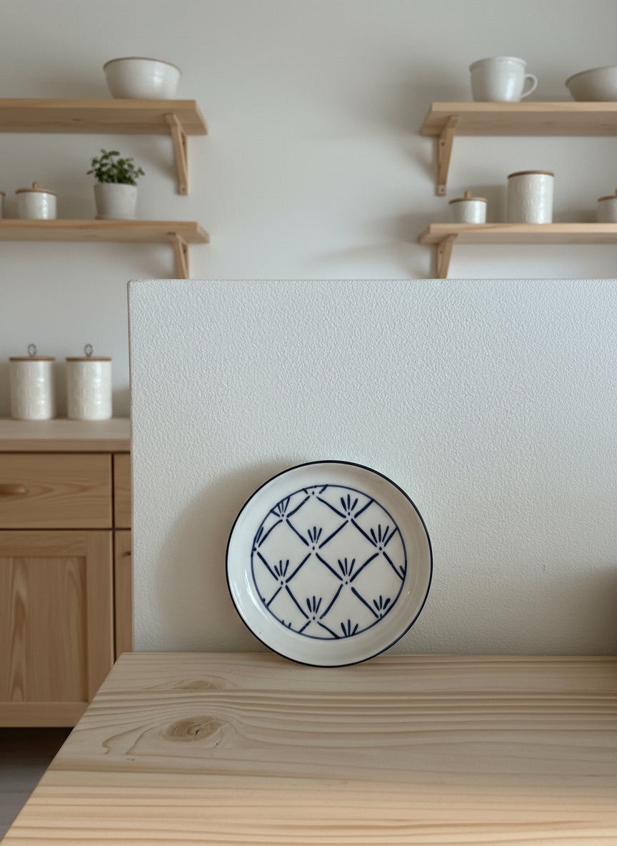 White plate with blue geometric pattern on a light wooden surface