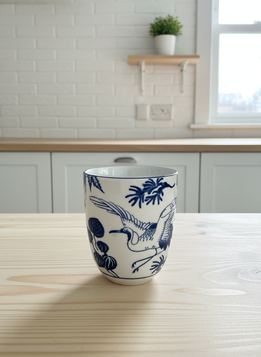 Ceramic cup with blue floral design on a light wooden surface
