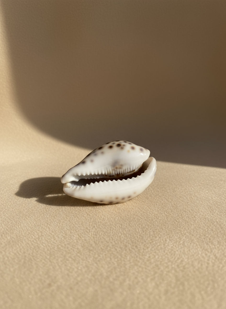 Shell on a wooden surface with a blurred background