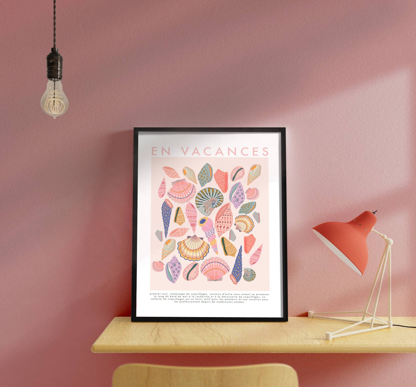 Kate Fox Design - En Vacance, French Shell Print, Beach, Vintage, Pink Art