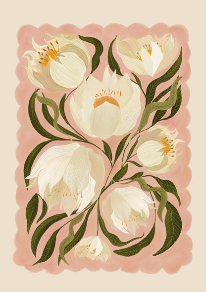 Kate Fox Design - White Peony , Art Print, Neutral Print, Hand Drawn, Quirky