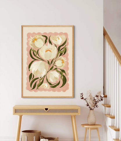 Kate Fox Design - White Peony , Art Print, Neutral Print, Hand Drawn, Quirky