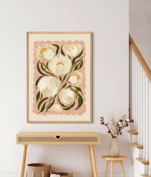 Kate Fox Design - White Peony , Art Print, Neutral Print, Hand Drawn, Quirky