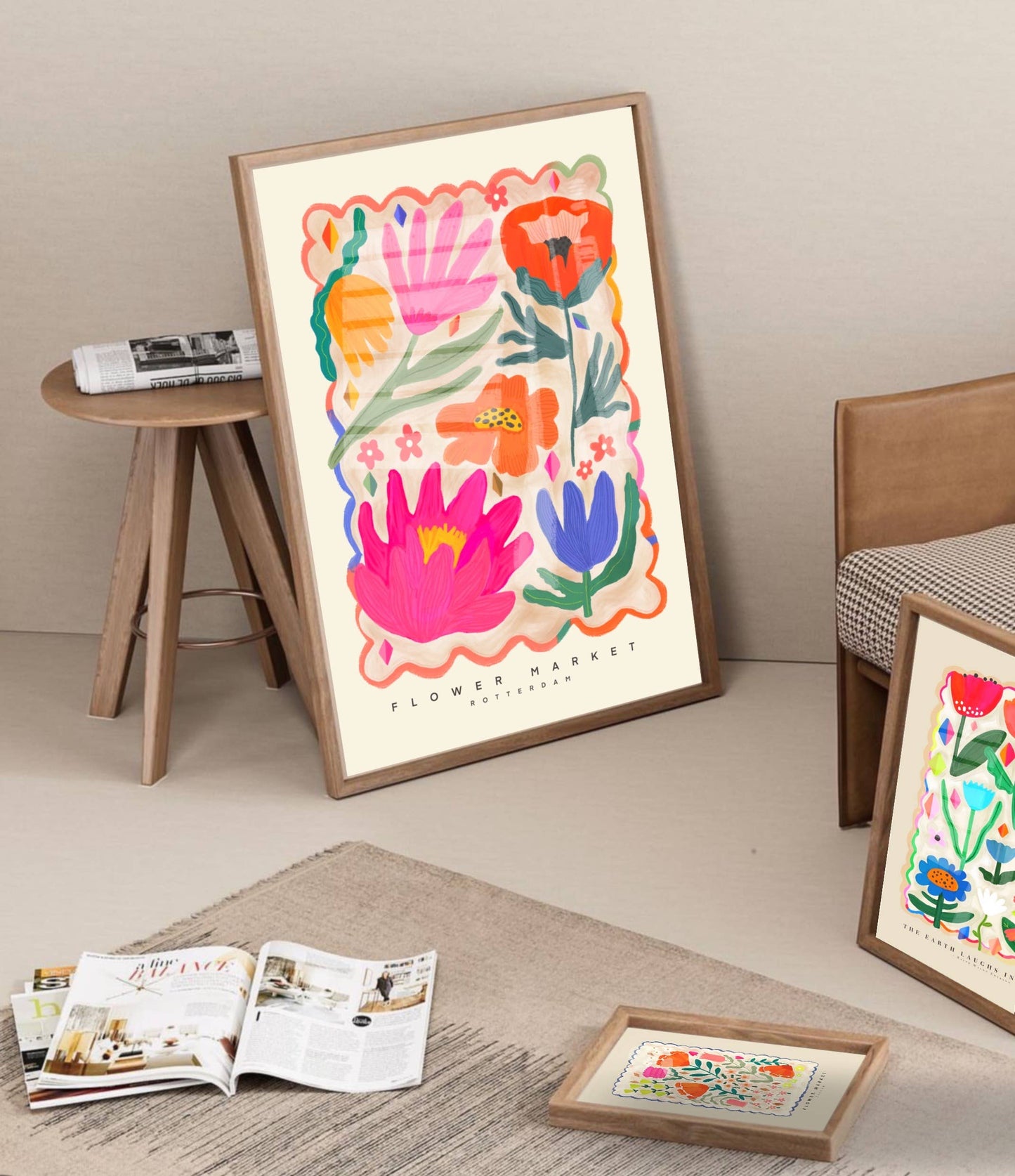 Kate Fox Design - Colourful Flower Market Print, Illustration, Modern, Pink