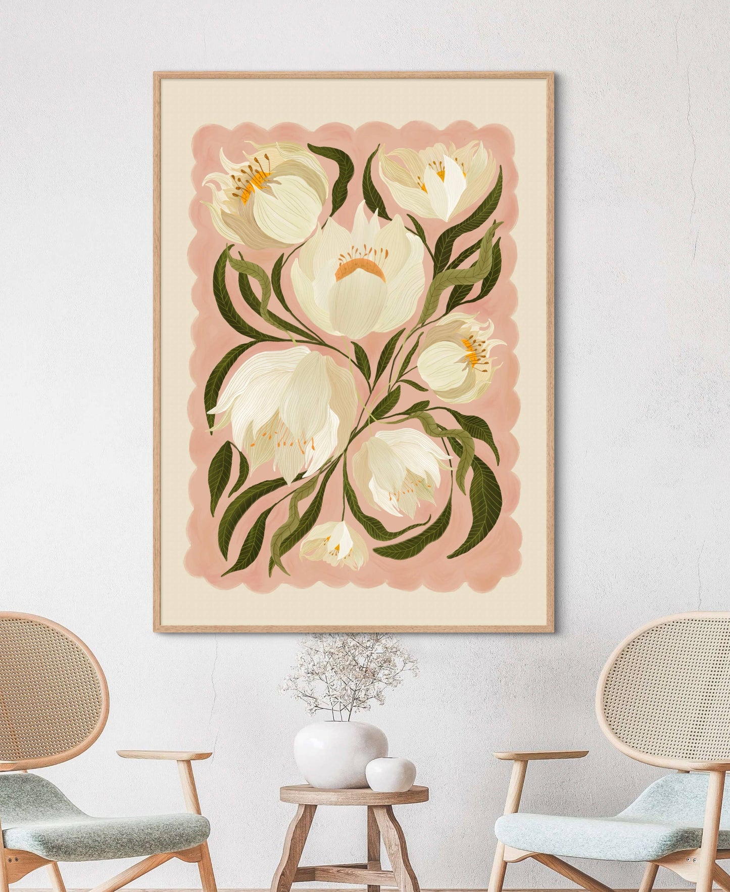 Kate Fox Design - White Peony , Art Print, Neutral Print, Hand Drawn, Quirky