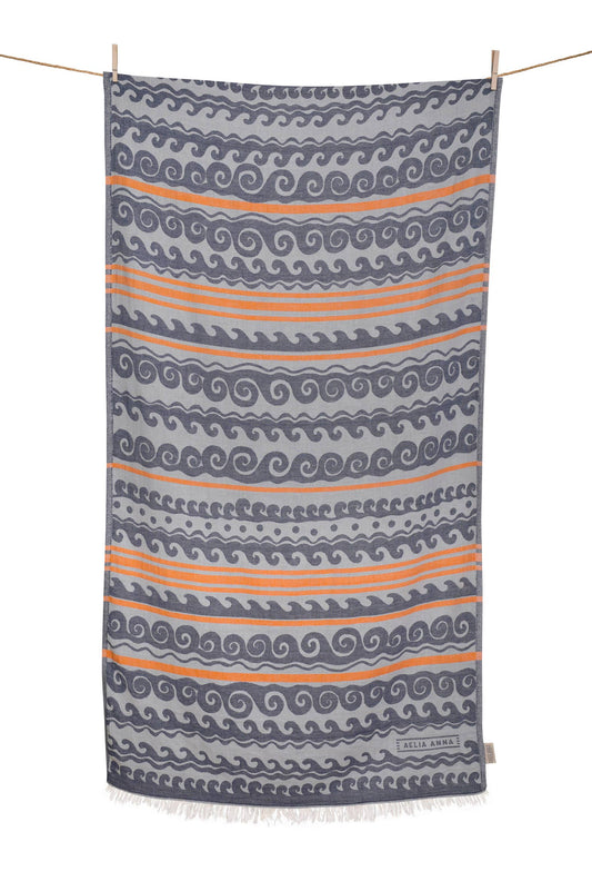 AELIA ANNA - BEACH TOWEL YALOS NAVY BLUE & ORANGE & NATURAL