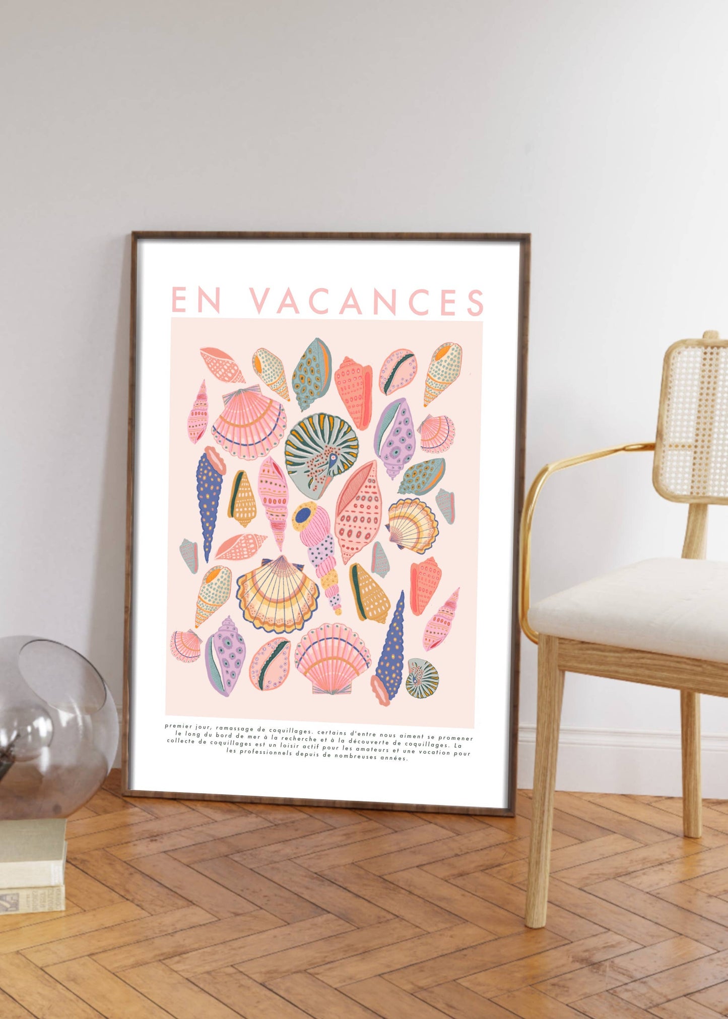 Kate Fox Design - En Vacance, French Shell Print, Beach, Vintage, Pink Art
