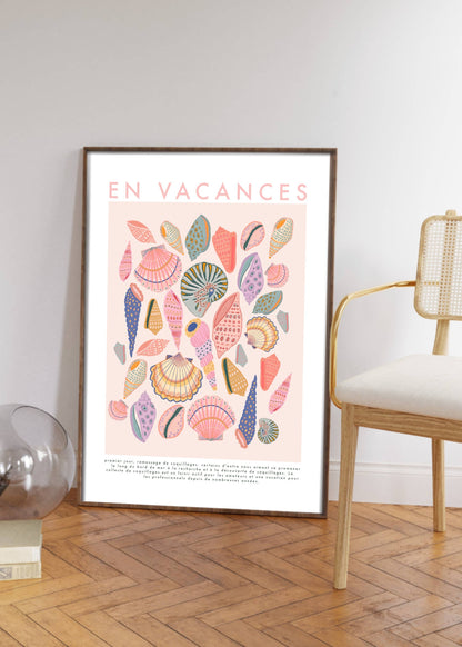 Kate Fox Design - En Vacance, French Shell Print, Beach, Vintage, Pink Art