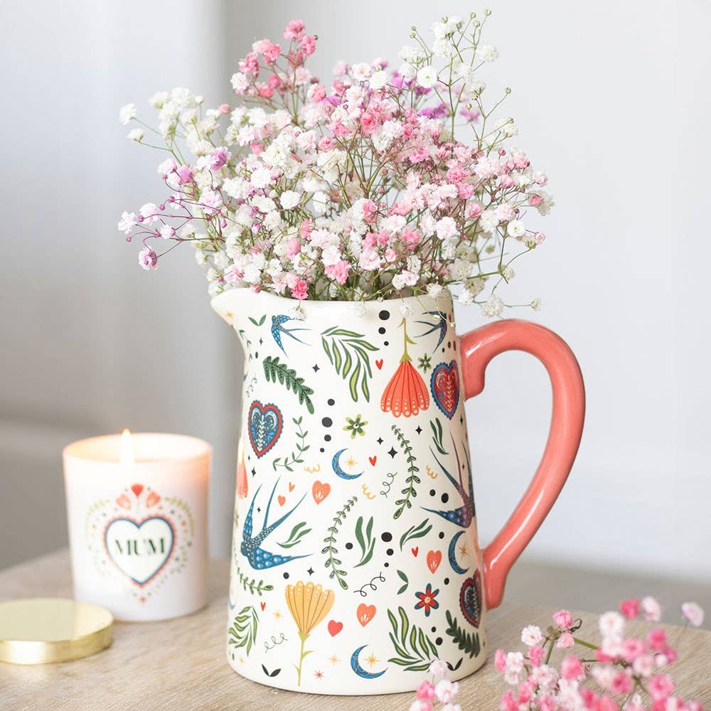 Something Different - Cream Folk Print Ceramic Flower Jug