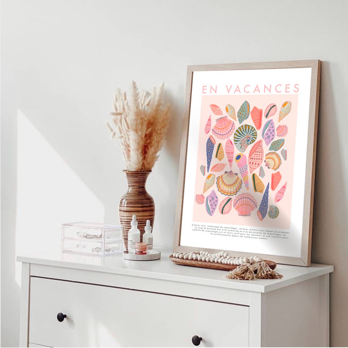 Kate Fox Design - En Vacance, French Shell Print, Beach, Vintage, Pink Art