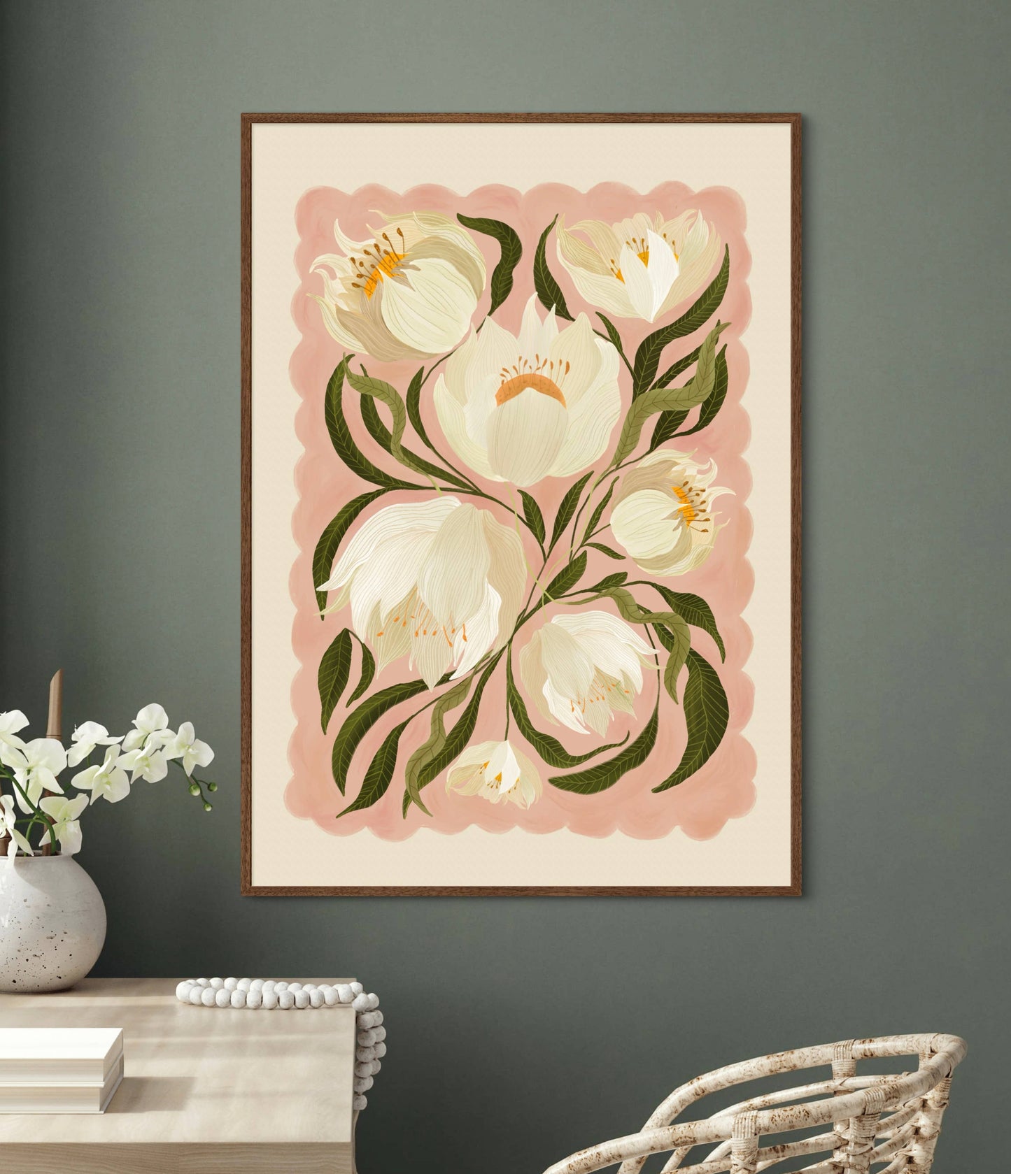 Kate Fox Design - White Peony , Art Print, Neutral Print, Hand Drawn, Quirky