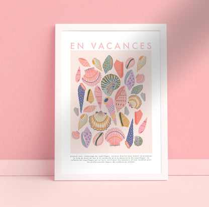 Kate Fox Design - En Vacance, French Shell Print, Beach, Vintage, Pink Art