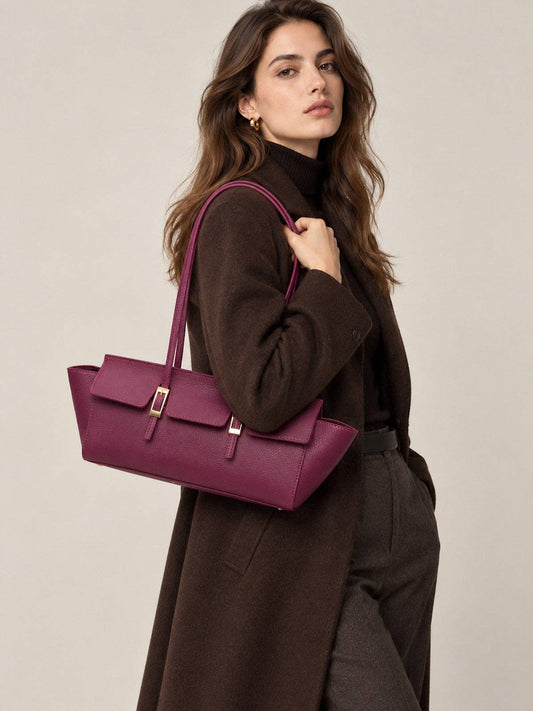 Suie Valentini srl - Women's Genuine Leather East-West Tote Bag with Double Buckle Detail, Made in Italy, art. 112791