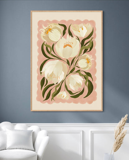 Kate Fox Design - White Peony , Art Print, Neutral Print, Hand Drawn, Quirky