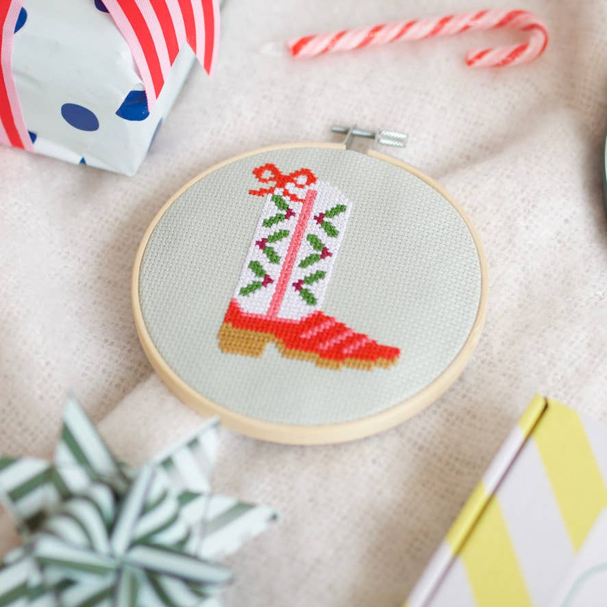 Cotton Clara Craft Kits & Supplies - Christmas Cowboy Boot Counted Cross Stitch Kit