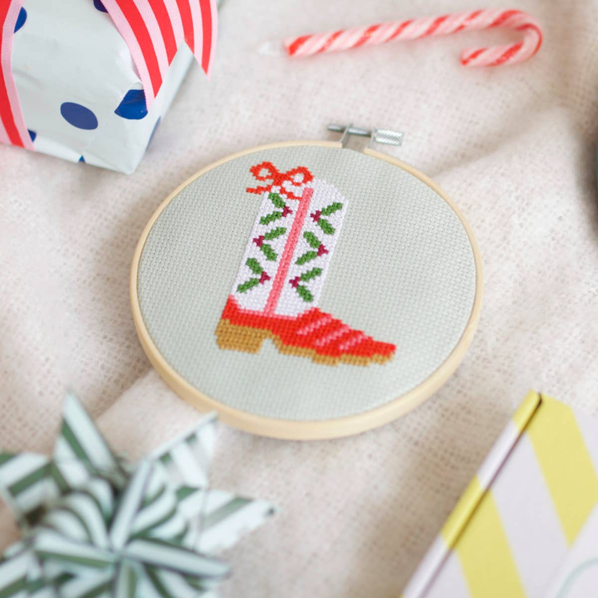 Cotton Clara Craft Kits & Supplies - Christmas Cowboy Boot Counted Cross Stitch Kit