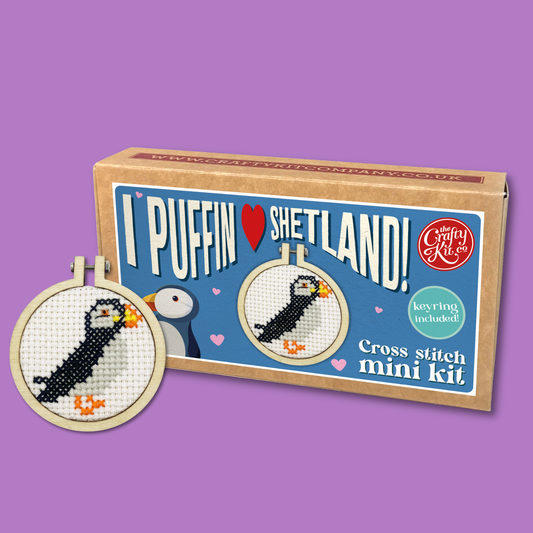 Mini Matchbox Kits - I Puffin Love Shetland! Mini Matchbox Cross Stitch Kit