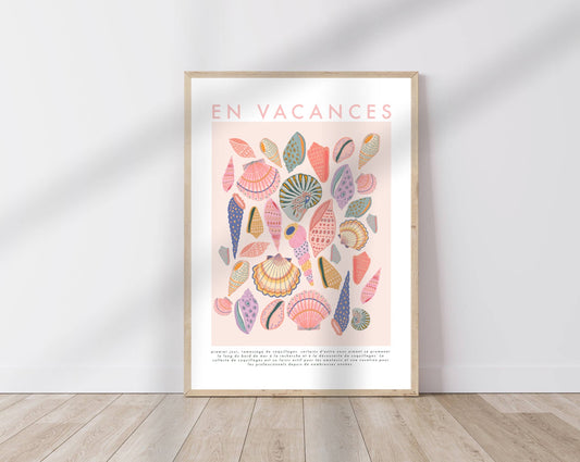 Kate Fox Design - En Vacance, French Shell Print, Beach, Vintage, Pink Art