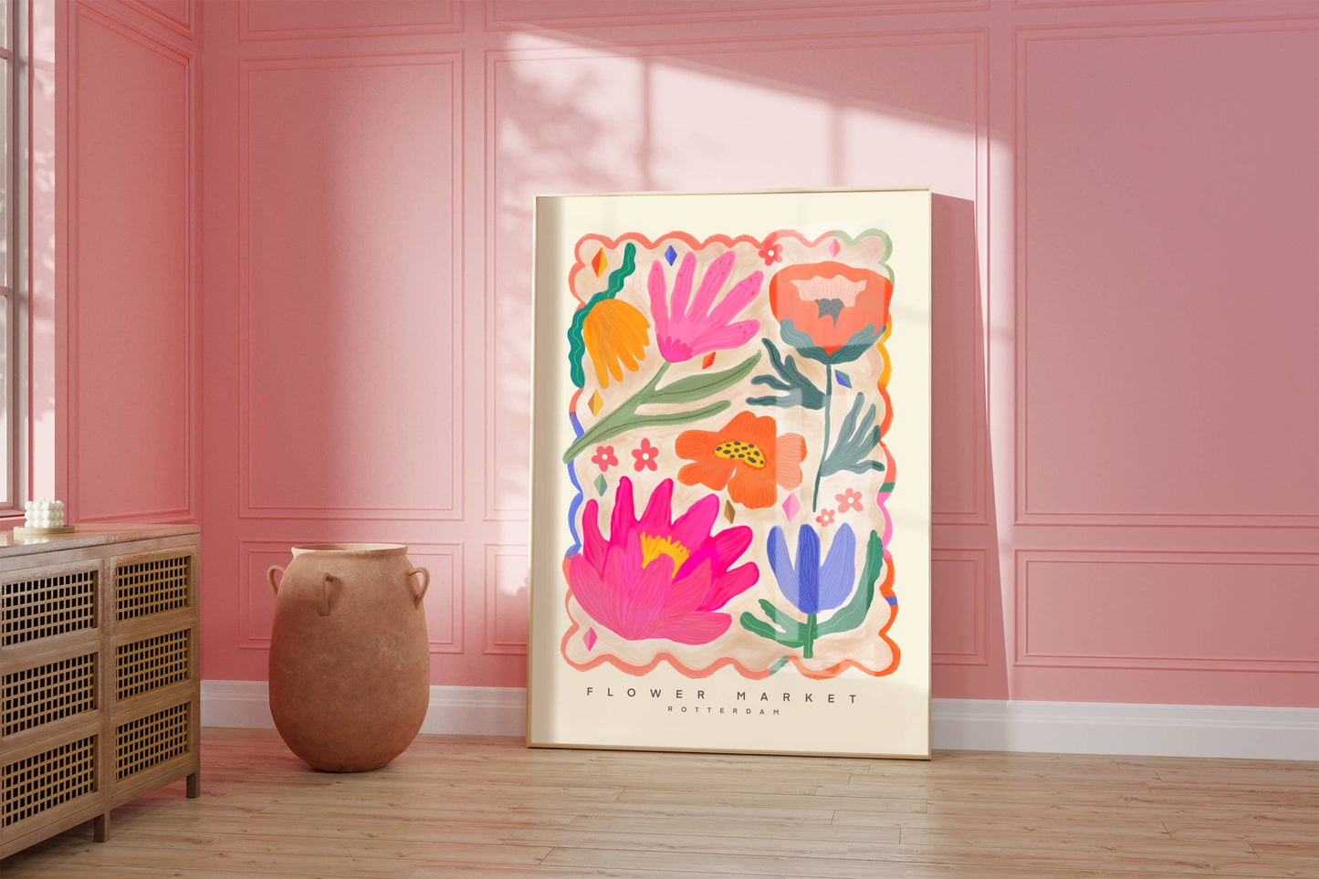 Kate Fox Design - Colourful Flower Market Print, Illustration, Modern, Pink