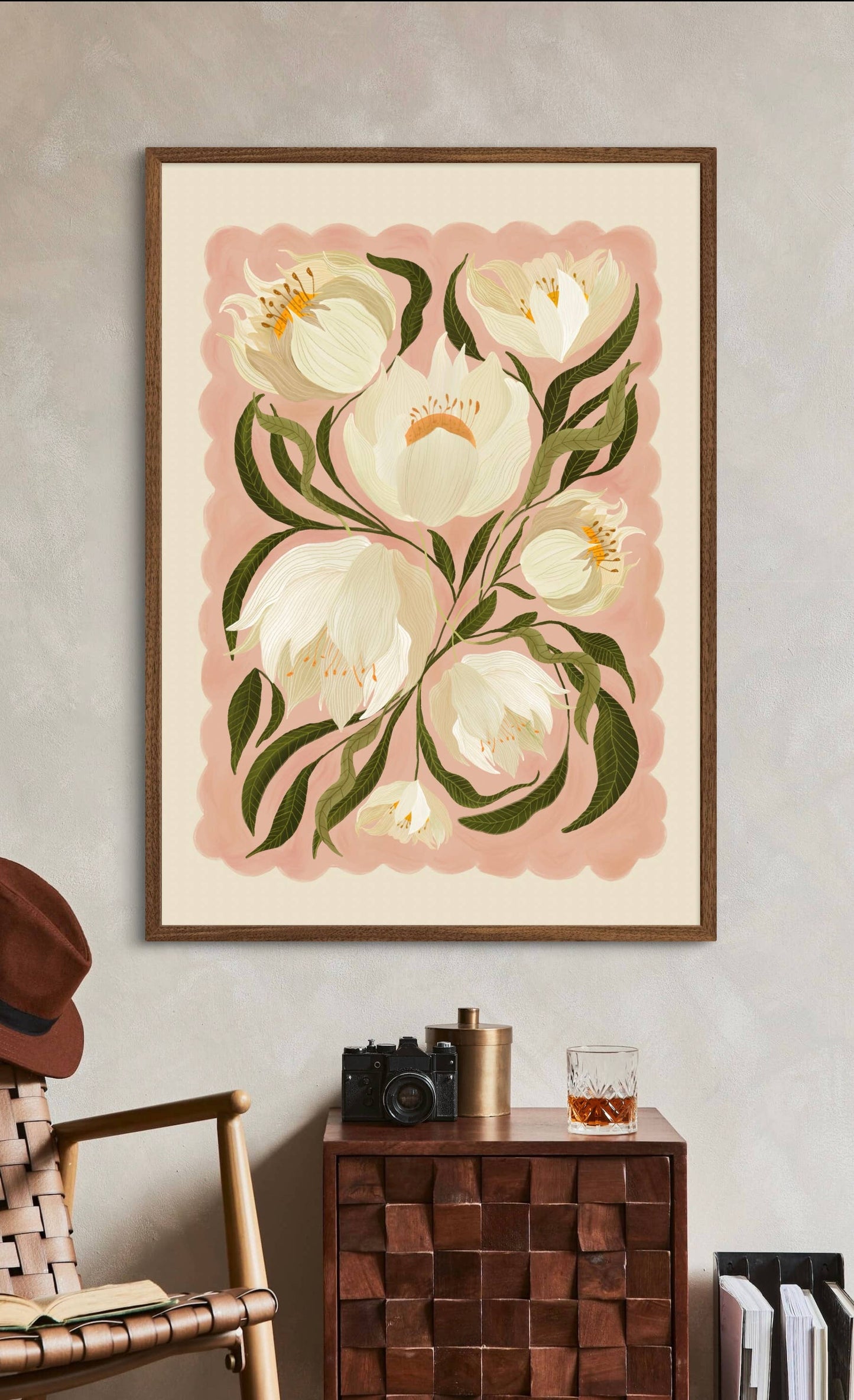 Kate Fox Design - White Peony , Art Print, Neutral Print, Hand Drawn, Quirky