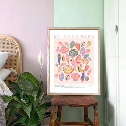 Kate Fox Design - En Vacance, French Shell Print, Beach, Vintage, Pink Art